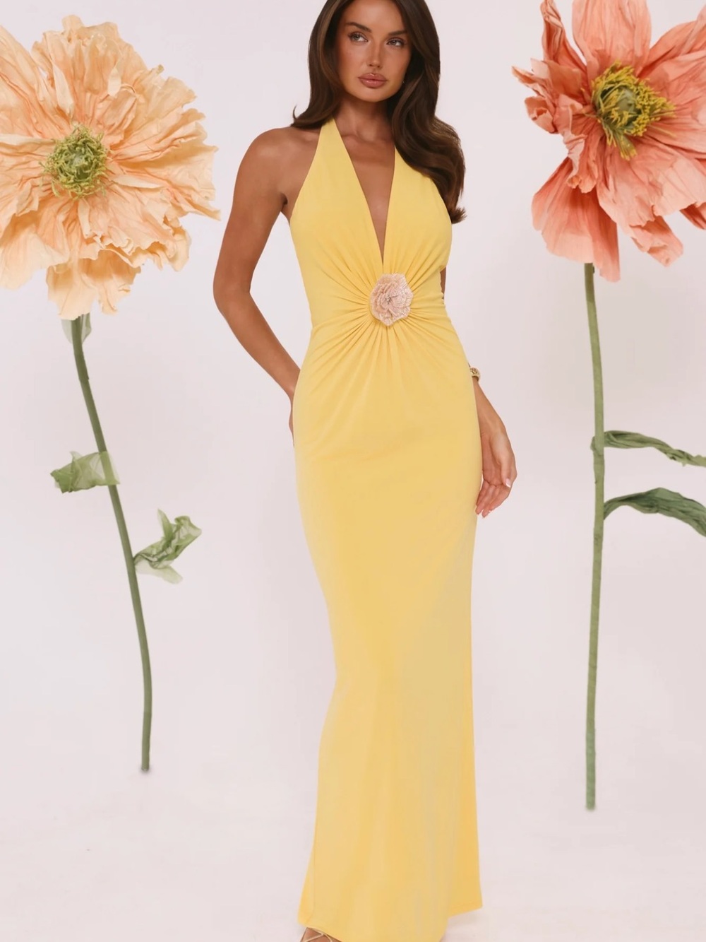 Hello Molly Elegant Yellow Halter Maxi Dress with Rosette Detail